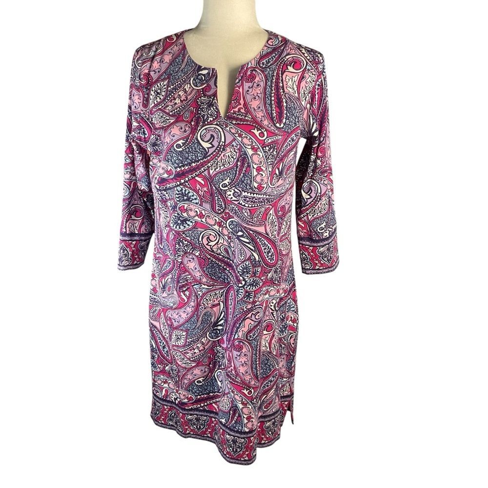 Coolibar Women's Oceanside Tunic Dress Blue Paisley Print 3/4 Sleeve Size S